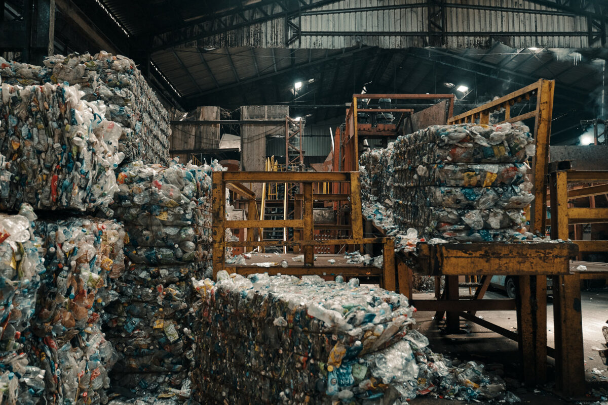 Bales of plastic ready for reycling into polyester fiber