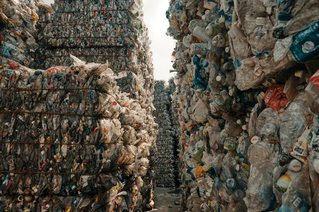 Baled recycled plastic bottles ready for processing